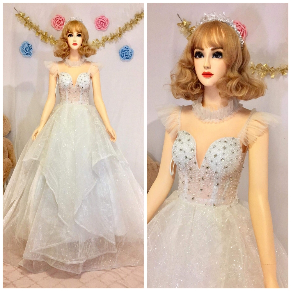 Ruffle Cap Sleeve Glittered Wedding Gown